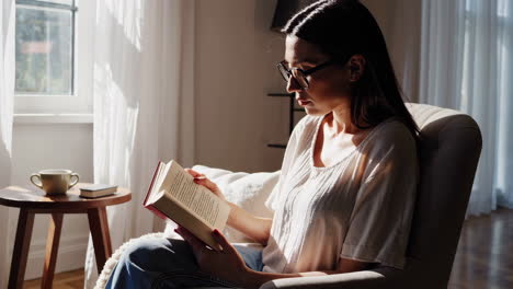 woman reading a book in an armchair by a sunny window