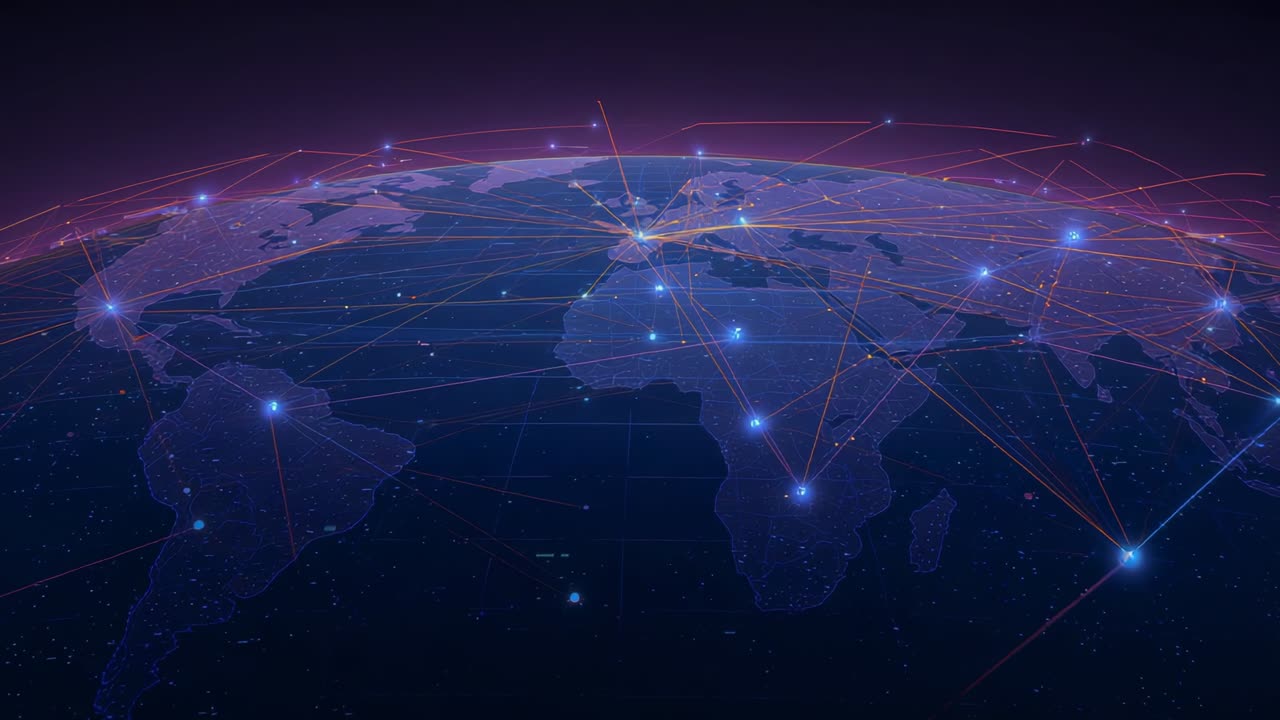 Shifting viewpoint stylized globe revealing pulsing nodes, tracing magenta arcs, showing data flow