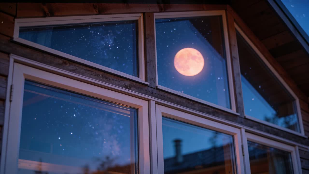 Sequenza iniziale che mostra una facciata in vetro divisa che riflette la luna piena nel pannello superiore destro di notte