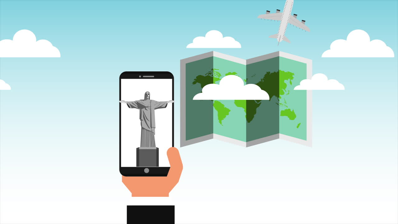 mano con teléfono inteligente y artículos de viaje animación