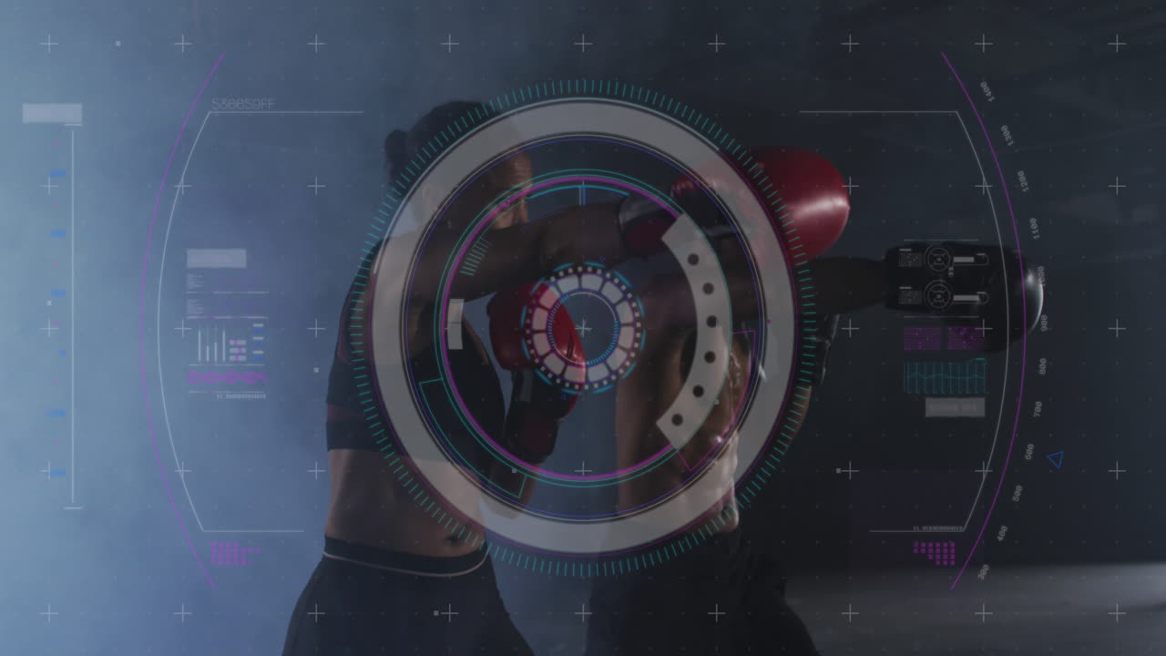 Animation of statistics and graphs over man and woman exercising with boxing gloves