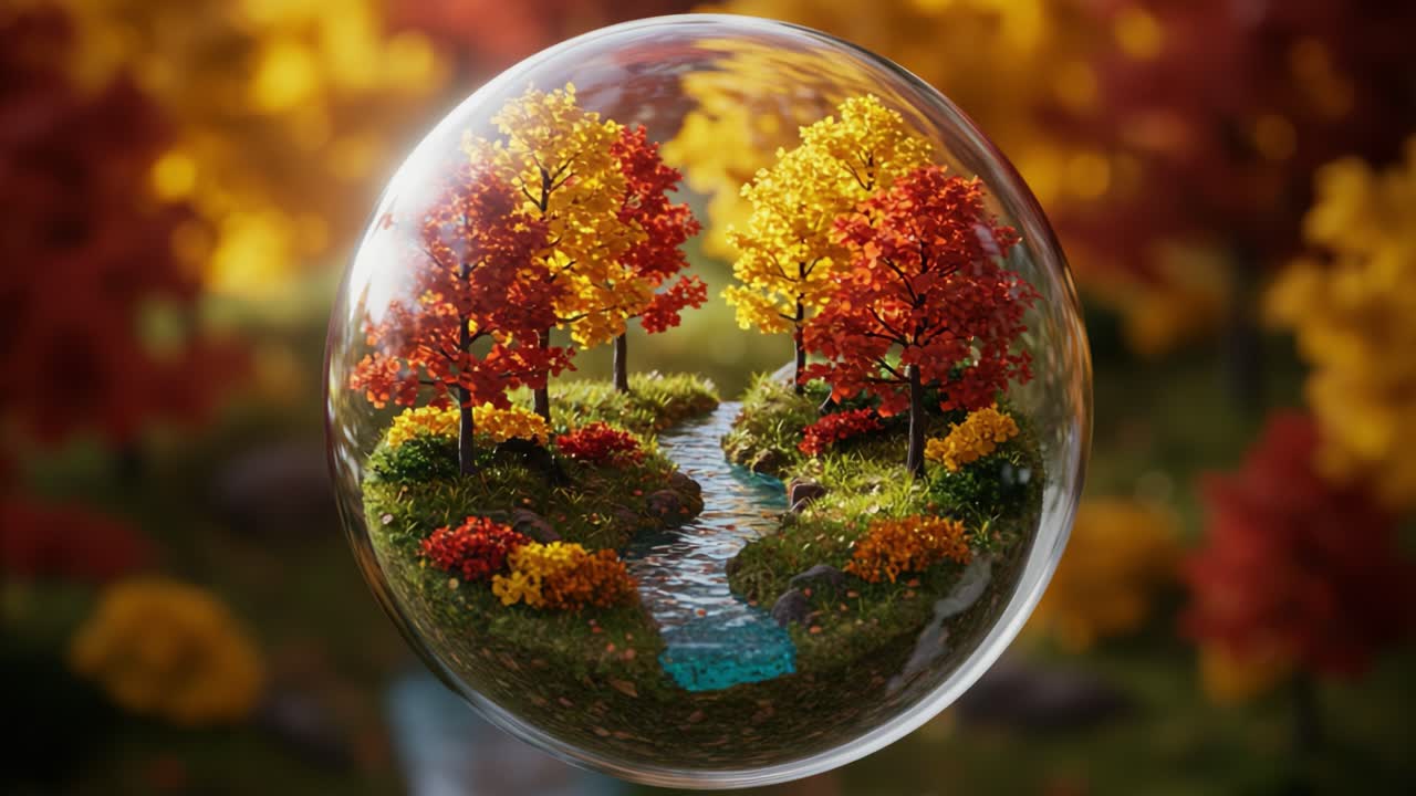 Uma vista fascinante das cores do outono envoltas em uma bolha cristalina, exibindo árvores vibrantes em tons de vermelho e amarelo ao redor de um riacho tranquilo
