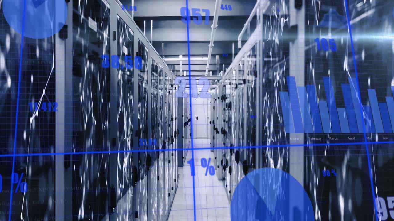 animación del procesamiento de datos estadísticos y la red de conexiones contra la sala de servidores informáticos