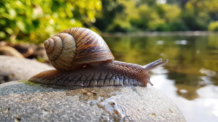 A Close-Up Journey of a Snail on a Rock by the Waterside: Discovering Nature's Intricate Patterns and Slow Movement in a Serene Environment