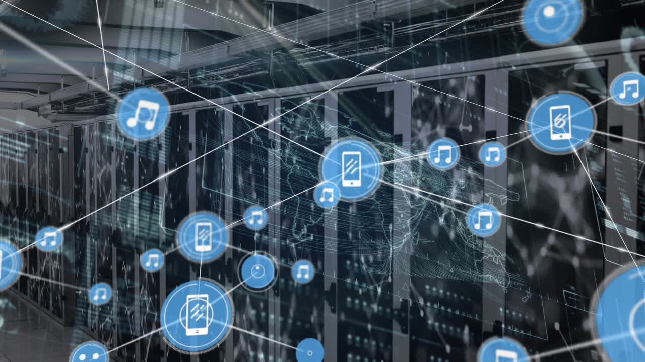 Animation of network of connections with icons and data processing over server room