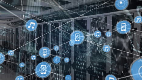 animation of network of connections with icons and data processing over server room
