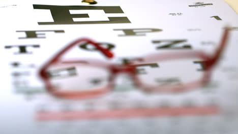 red reading glasses falling onto eye test