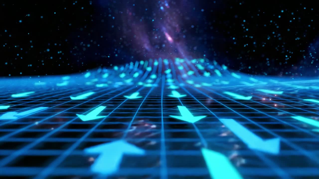 A captivating visual representation of a futuristic digital landscape, showcasing flowing blue arrows over a grid structure amidst a backdrop of shimmering stars and galaxies, evoking a sense of movement and exploration