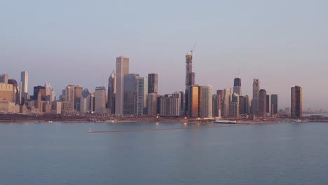 Aerial-view-from-the-Lake-Michigan-of-the-skyline-of-Chicago