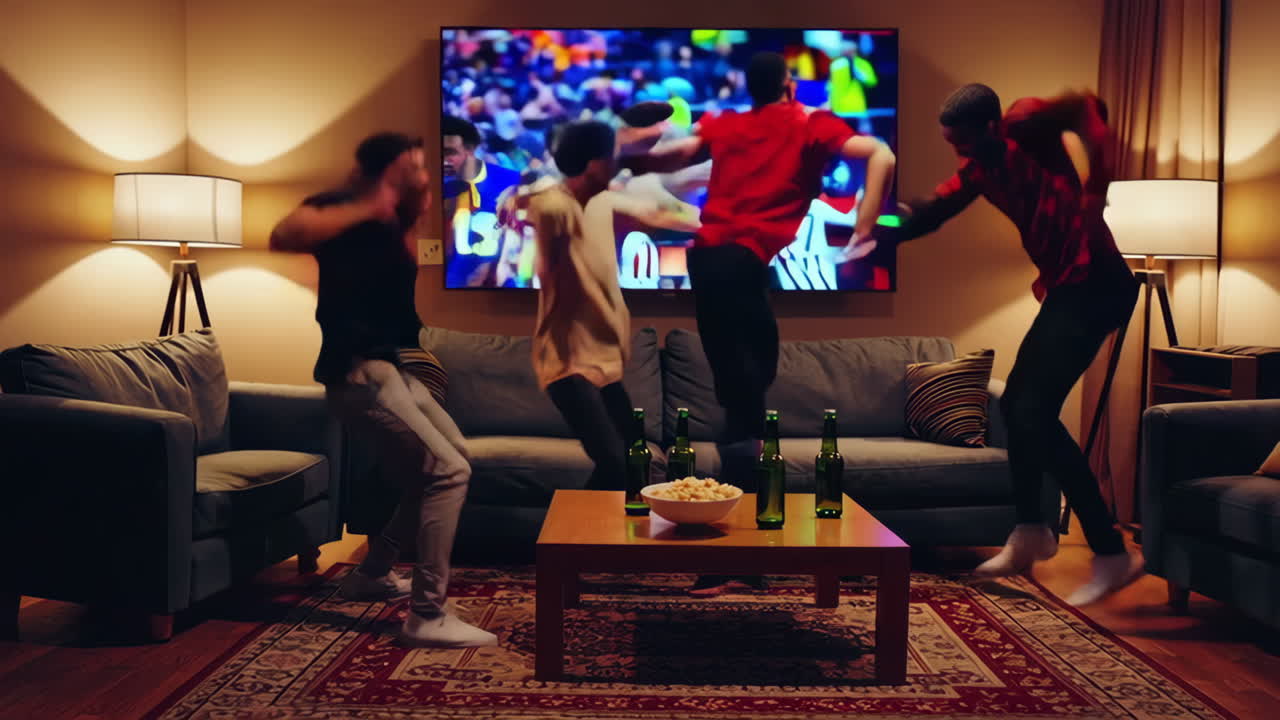 Friends Celebrating a Football Game Victory at Home