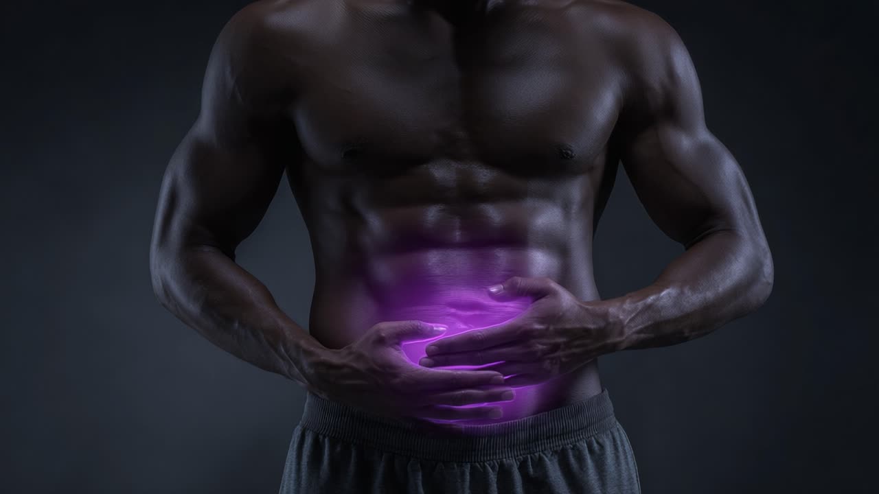 A muscular individual touching their abdomen where a glowing purple light emanates, symbolizing a blend of fitness, health, and inner energy in a dramatic lighting setup