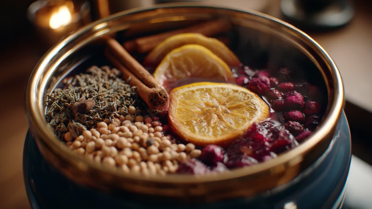 Aromatic Brew Featuring Citrus, Berries, and Spices: A Close-Up of a Flavorful Infusion in a Decorative Pot, Capturing the Essence of Warmth and Comfort