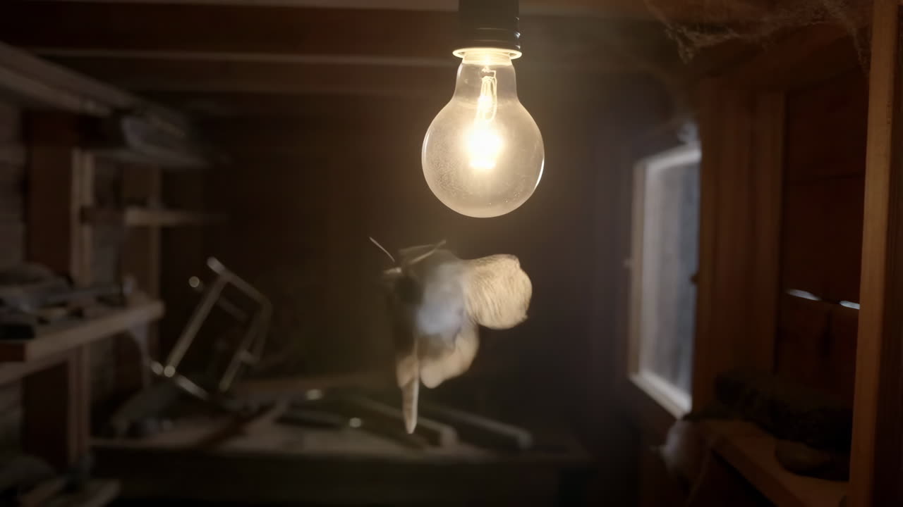 Moth Flying Around a Glowing Light Bulb in a Dimly Lit Attic