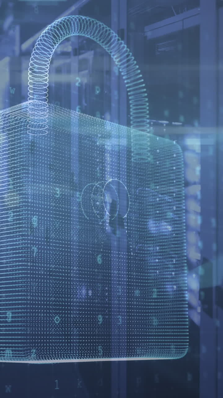 animación del procesamiento de datos y el candado sobre la sala del servidor