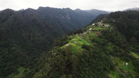 drone-view-small-village,-Forest-after-rain,-Madeira,-Portugal