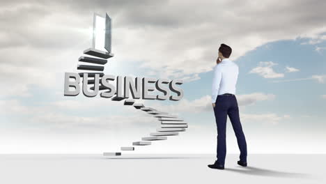 businessman looking at steps with a floating word in the cloudy sky