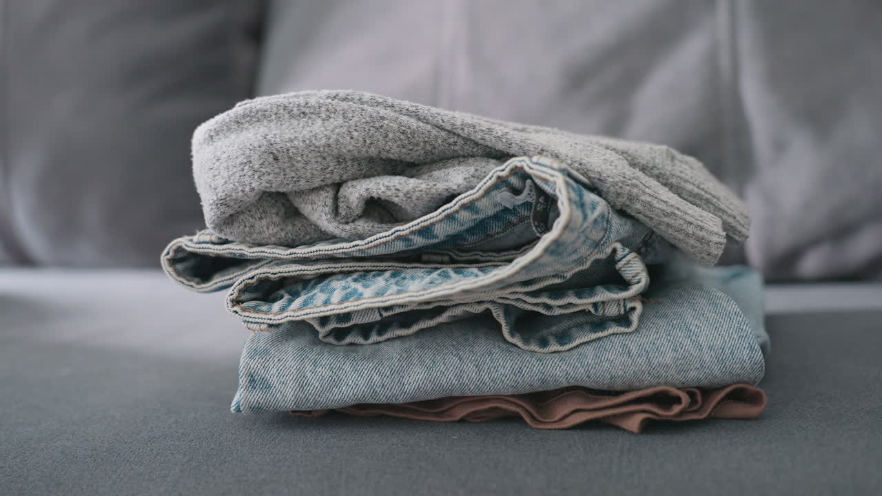 Close up of person carefully placing folded jeans on brown cloth stacked on couch showing detail of fabric care domestic household task organization lifestyle clothing maintenance