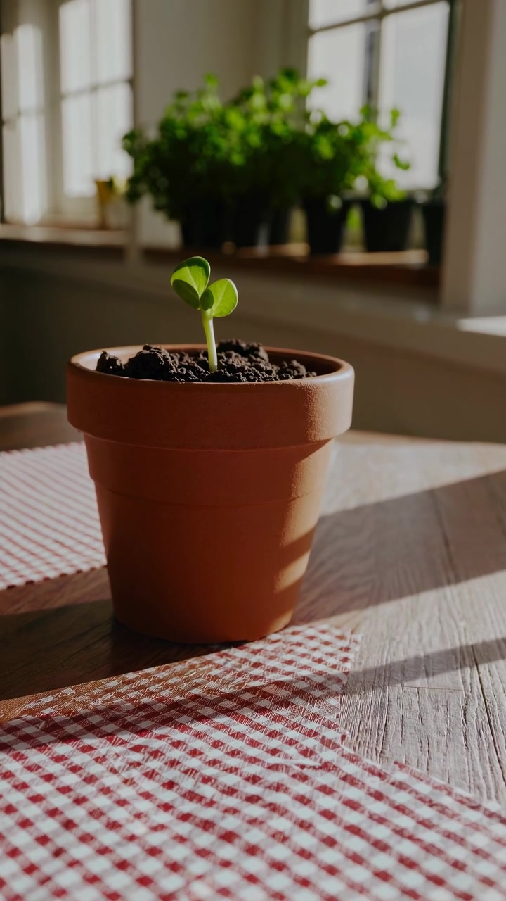 Piccolo germoglio verde che cresce in un vaso di terracotta