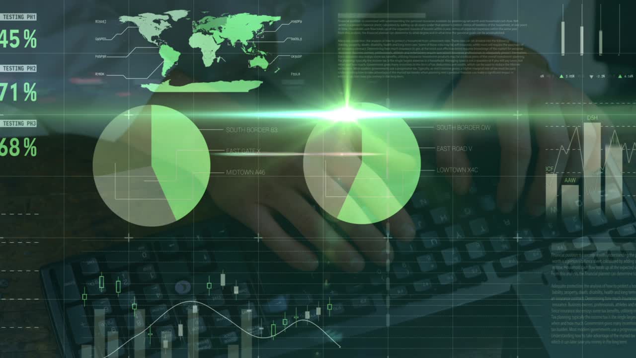 animación del procesamiento de datos financieros y el mapa del mundo sobre el hombre escribiendo en el teclado de la computadora