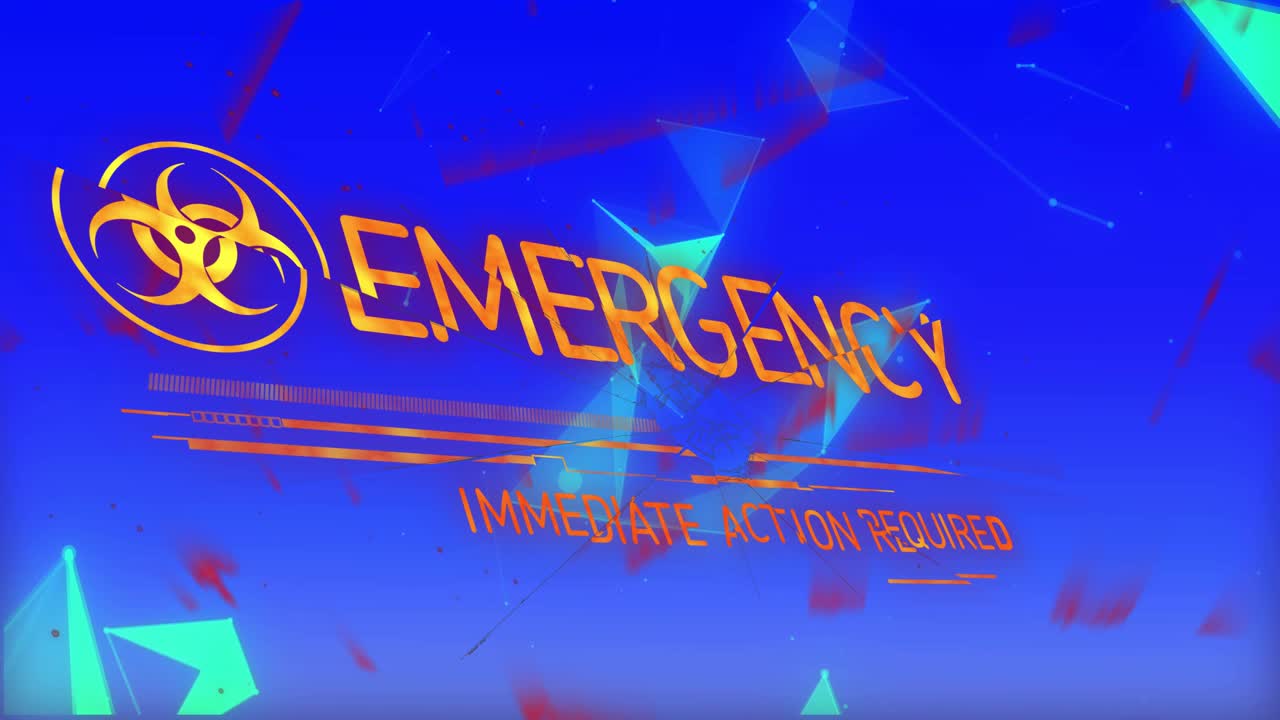 Orange emblem entering left forming EMERGENCY subtitle showing pulsing mesh signaling urgent action