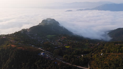 aerial view overlooking the gyarjati town and foggy lake phewa, sunrise in nepal
