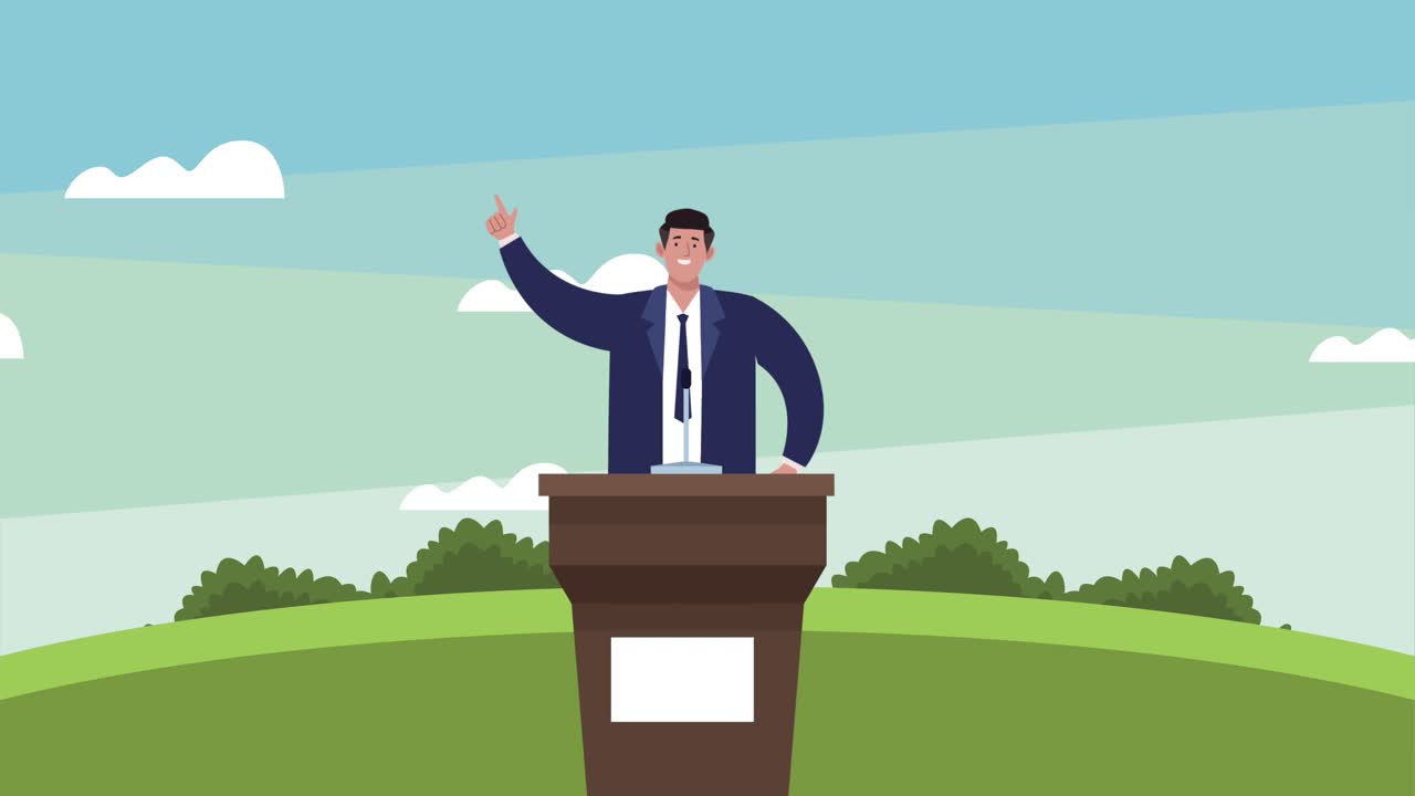 animación del día de las elecciones con el candidato en la escena del podio de discurso