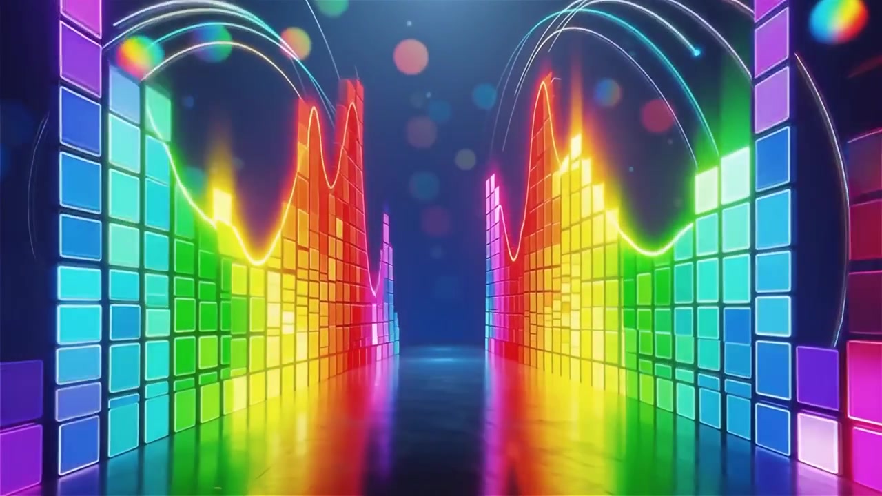 Sfondo visualizzatore equalizzatore musicale neon arcobaleno futuristico.