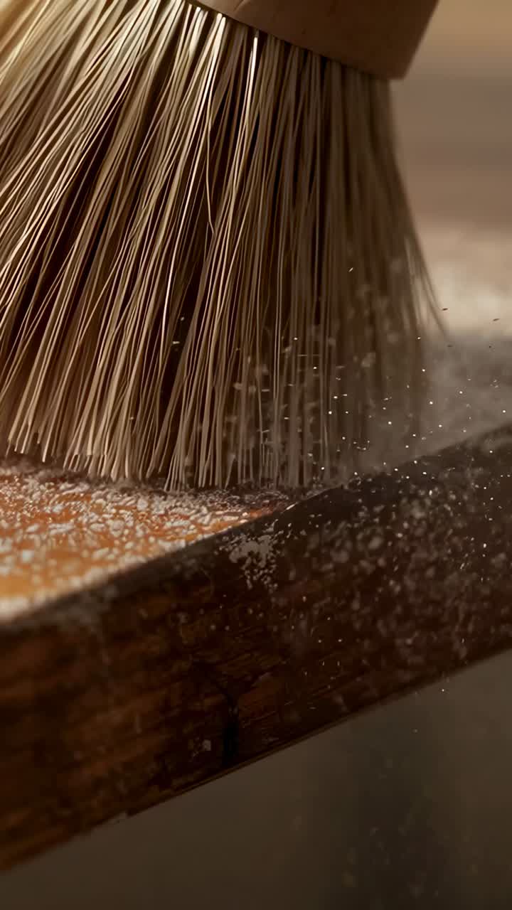 Video verticale: setole a contatto, spazzola rotonda che spazza una sporgenza di legno usurata, rimuovendo la polvere