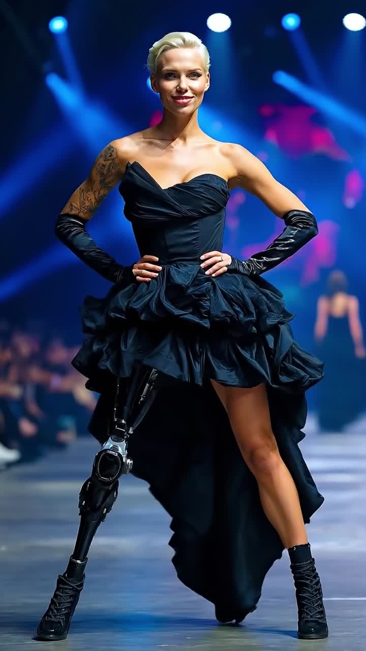 Modella elegante in abito nero che sfila su una passerella di moda