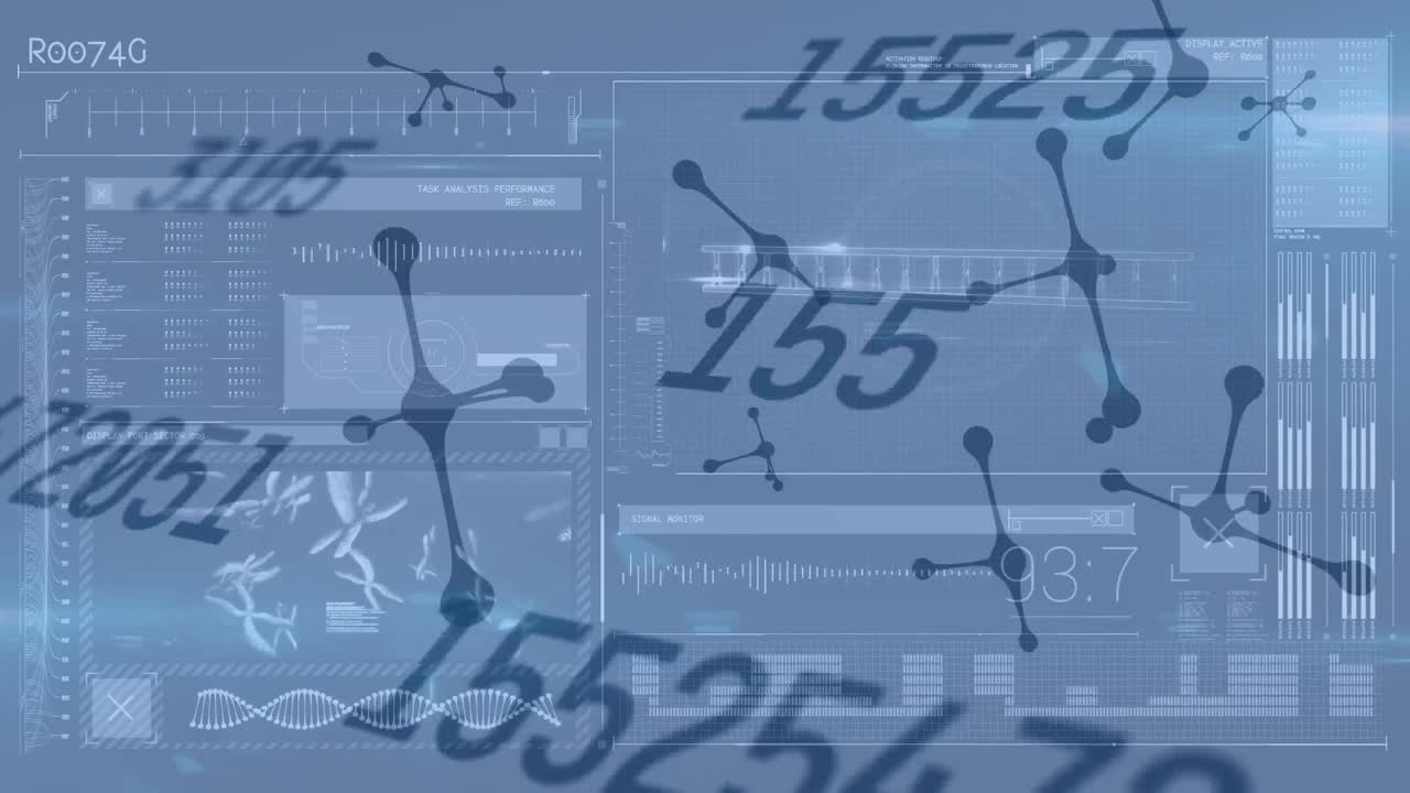 Animation of shapes and data processing on black background