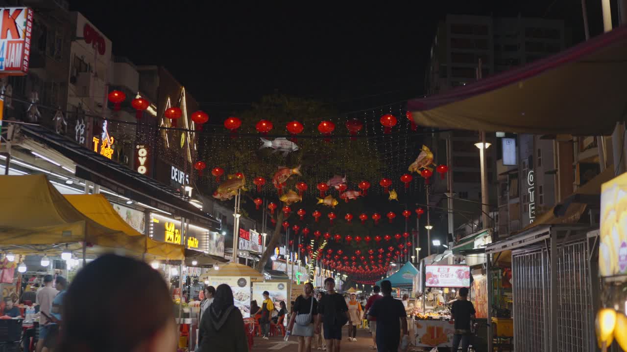 Night Market with Red Lanterns and Street Food