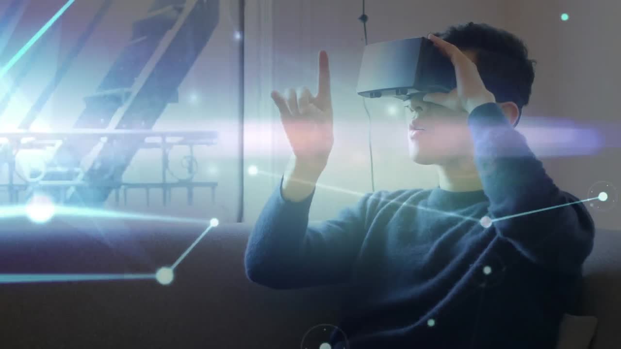 animación de la red de conexiones sobre el hombre de negocios que usa auriculares vr