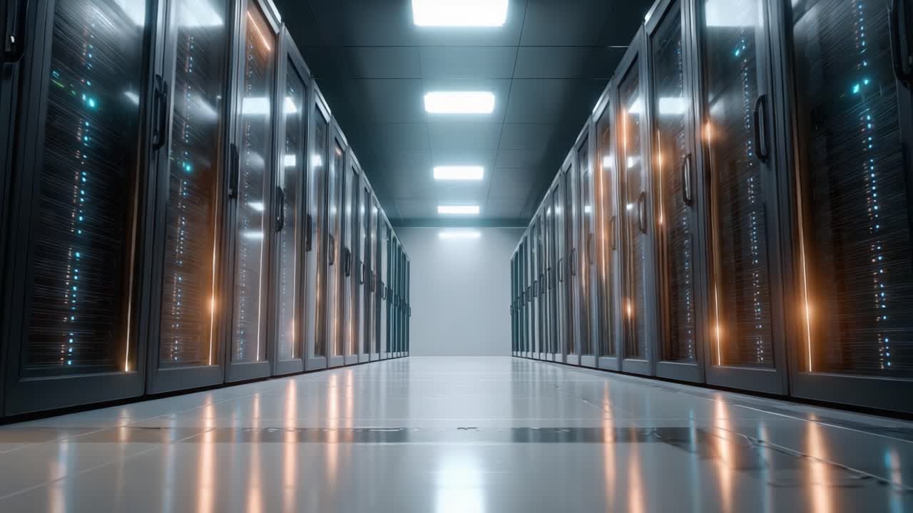 Et højteknologisk serverrum med rækker af lysende datalagringsskabe og skarpt LED-lys, der fremviser avanceret teknologi og infrastruktur.