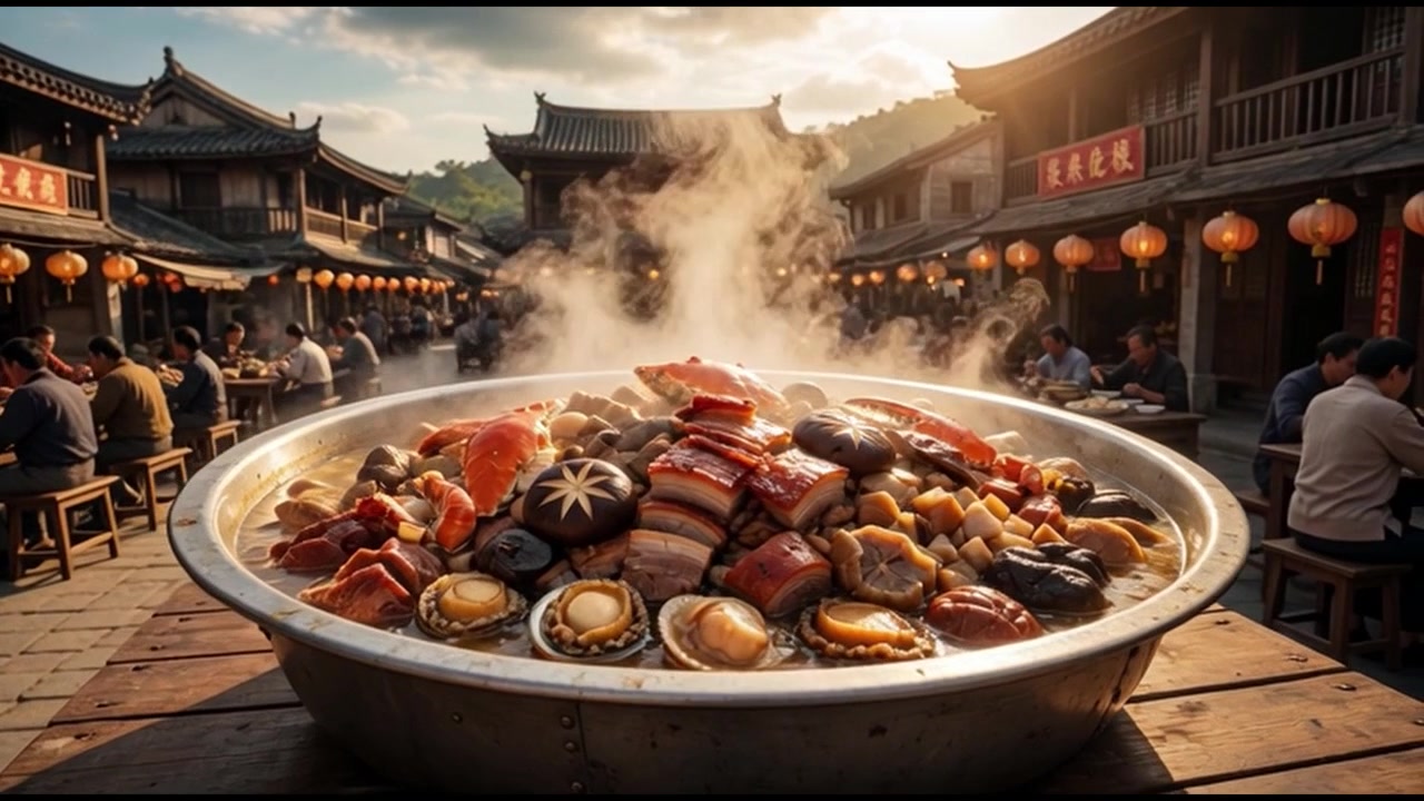Plato de Hot Pot Humeante Servido en un Pueblo Chino Tradicional