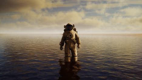 Spaceman-in-the-sea-under-clouds-at-sunset