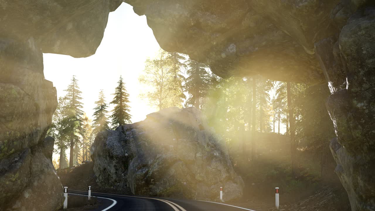 해가 지는 산의 바위 길 토너