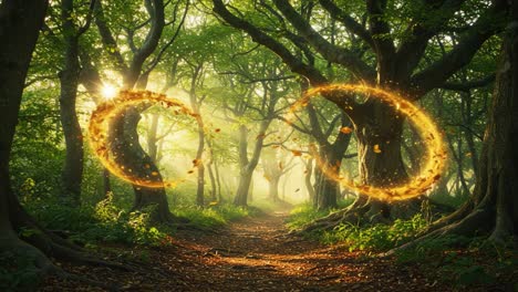 Enchanting Forest Path with Magical Swirls of Light and Nature&#039;s Beauty Illuminated by Soft Sunbeams, Capturing the Essence of a Mystic Wilderness Experience