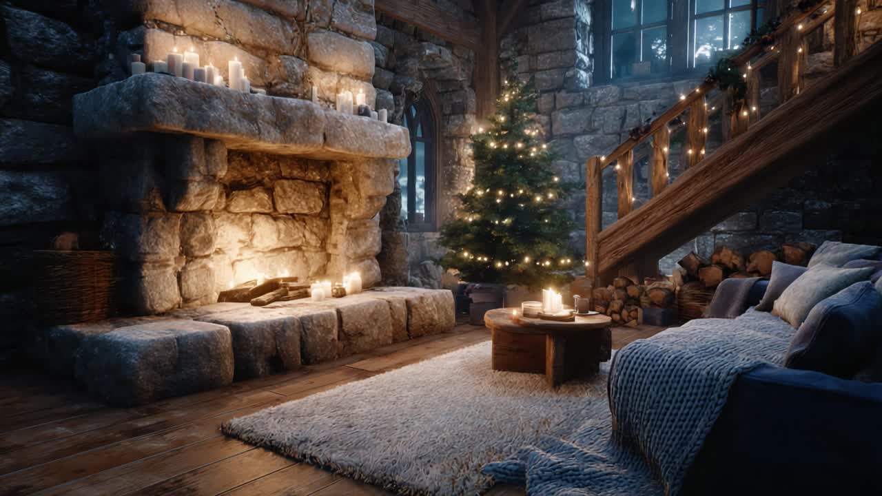 A Cozy Winter Evening in a Rustic Cabin: A Warm Fire, Twinkling Lights, and a Cheerful Christmas Tree Create a Magical Atmosphere for Relaxation and Holiday Cheer