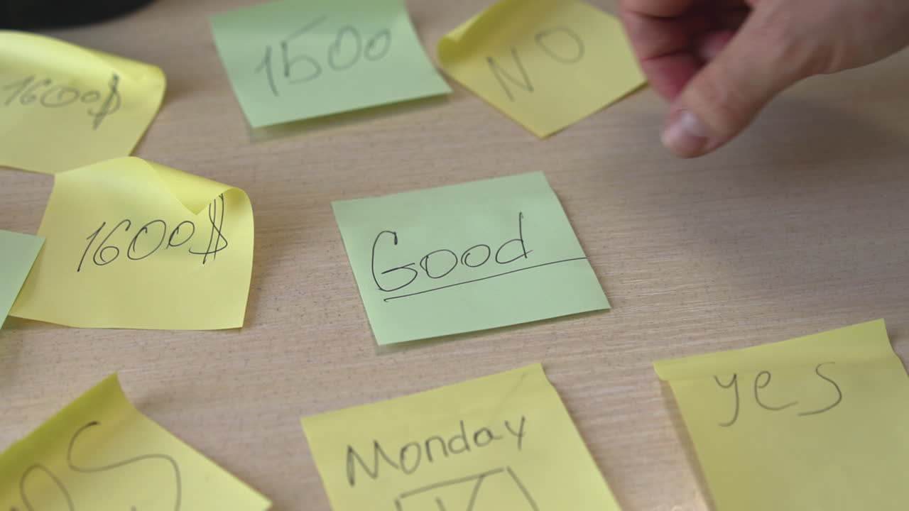 Green Sticky Note Labeled Good Placed By White Hand, Finance Analyst Sorting Budget Reminders And Monday Tasks. Media