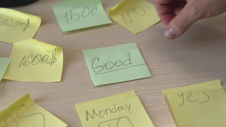 Green Sticky Note Labeled Good Placed By White Hand, Finance Analyst Sorting Budget Reminders And Monday Tasks. Media