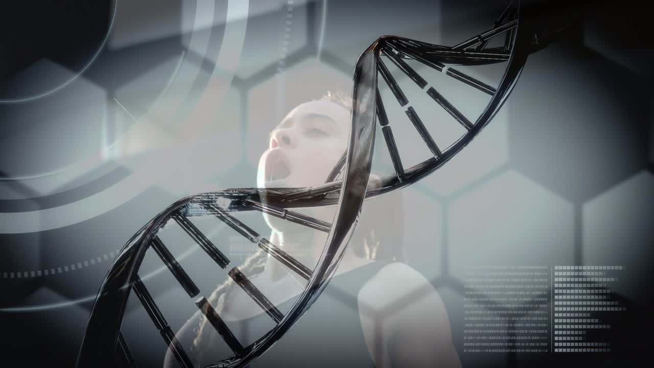 Animation of dna strand and data processing over woman exercising
