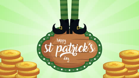 st patricks day animated card with wooden label and elf legs