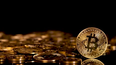 hand drops gold bitcoin coin onto stack of coins, dramatic lighting, close-up, black background