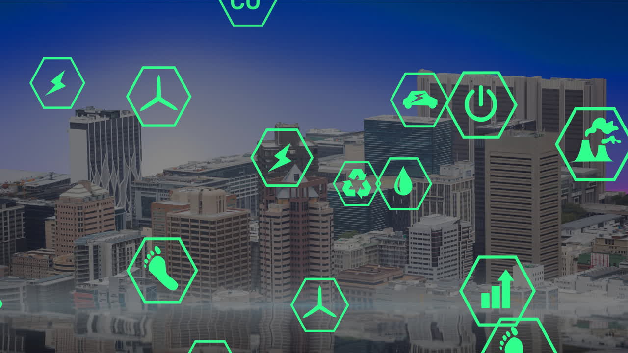 Urban cityscape with green energy icons, showcasing sustainability and animation concepts