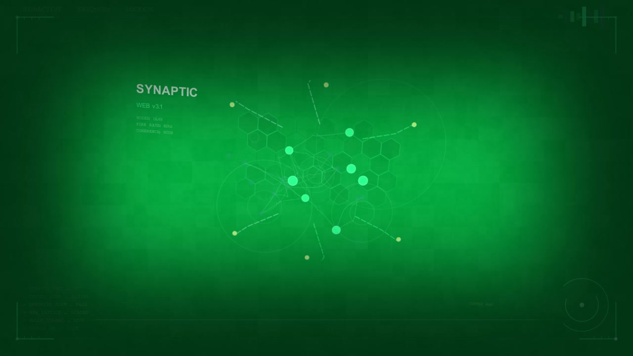 SYNAPTIC HUD reacting to node appearing forming hex grid pulsing rings showing data on transparent