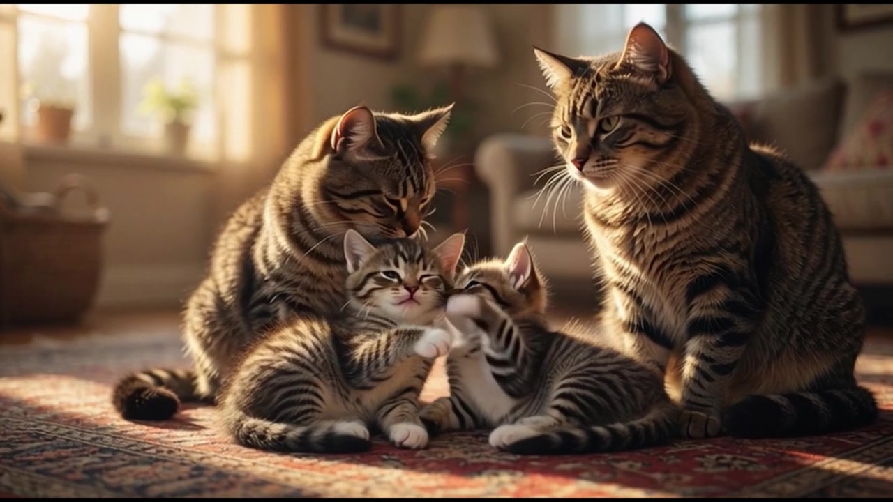 Gatta madre che toeletta i suoi gattini su un tappeto del soggiorno