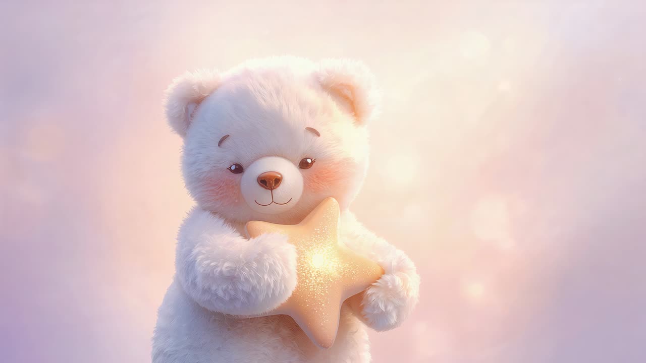 Orsetto di peluche bianco che rilascia e guida una stella dorata verso il cielo mentre una luce si alza sullo sfondo di uno studio