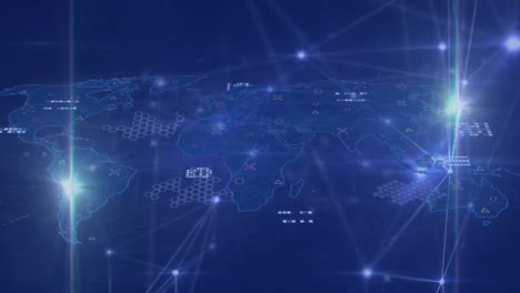 Animation-of-connections,-lights-and-world-map-on-blue-background