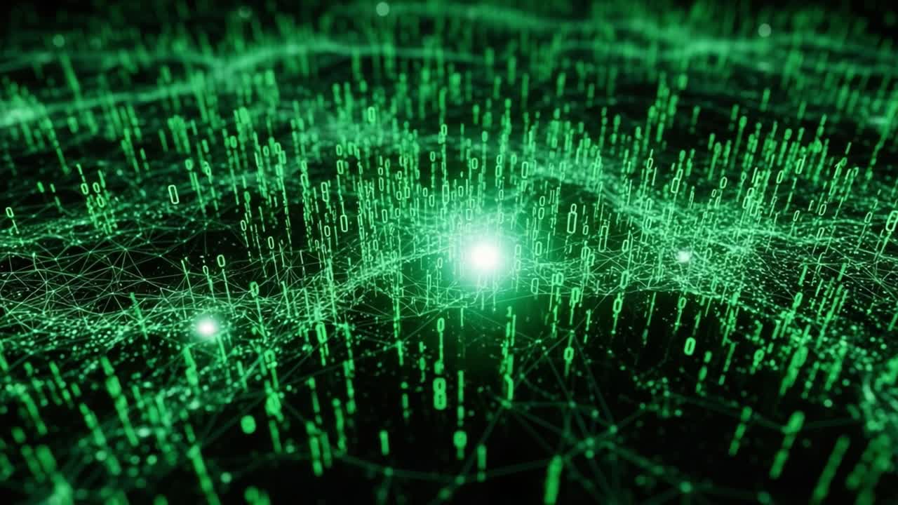 A mesmerizing visualization of digital data flow, showcasing an intricate network of binary code outlined in vibrant green tones against a dark backdrop, perfect for technology enthusiasts