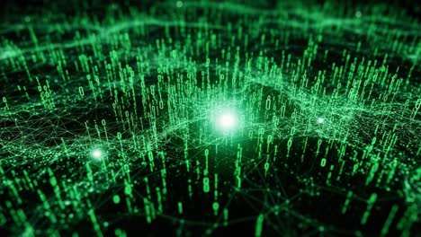 a mesmerizing visualization of digital data flow, showcasing an intricate network of binary code outlined in vibrant green tones against a dark backdrop, perfect for technology enthusiasts